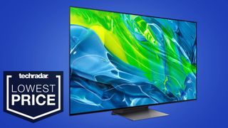 The Samsung S95B QD-OLED TV next to a 'Lowest Price' sign