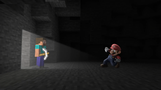 Smash ultimate trailer shot of mario looking at minecraft steve