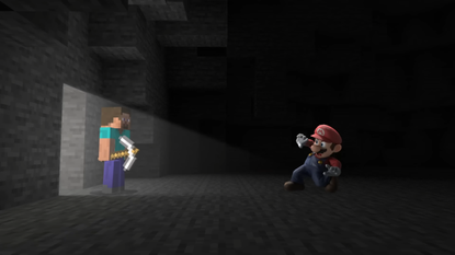 Smash ultimate trailer shot of mario looking at minecraft steve