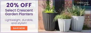 Three containers with plants in them. A call to action says 20% off Select crescent garden planters. Lightweight, durable, and stylish!