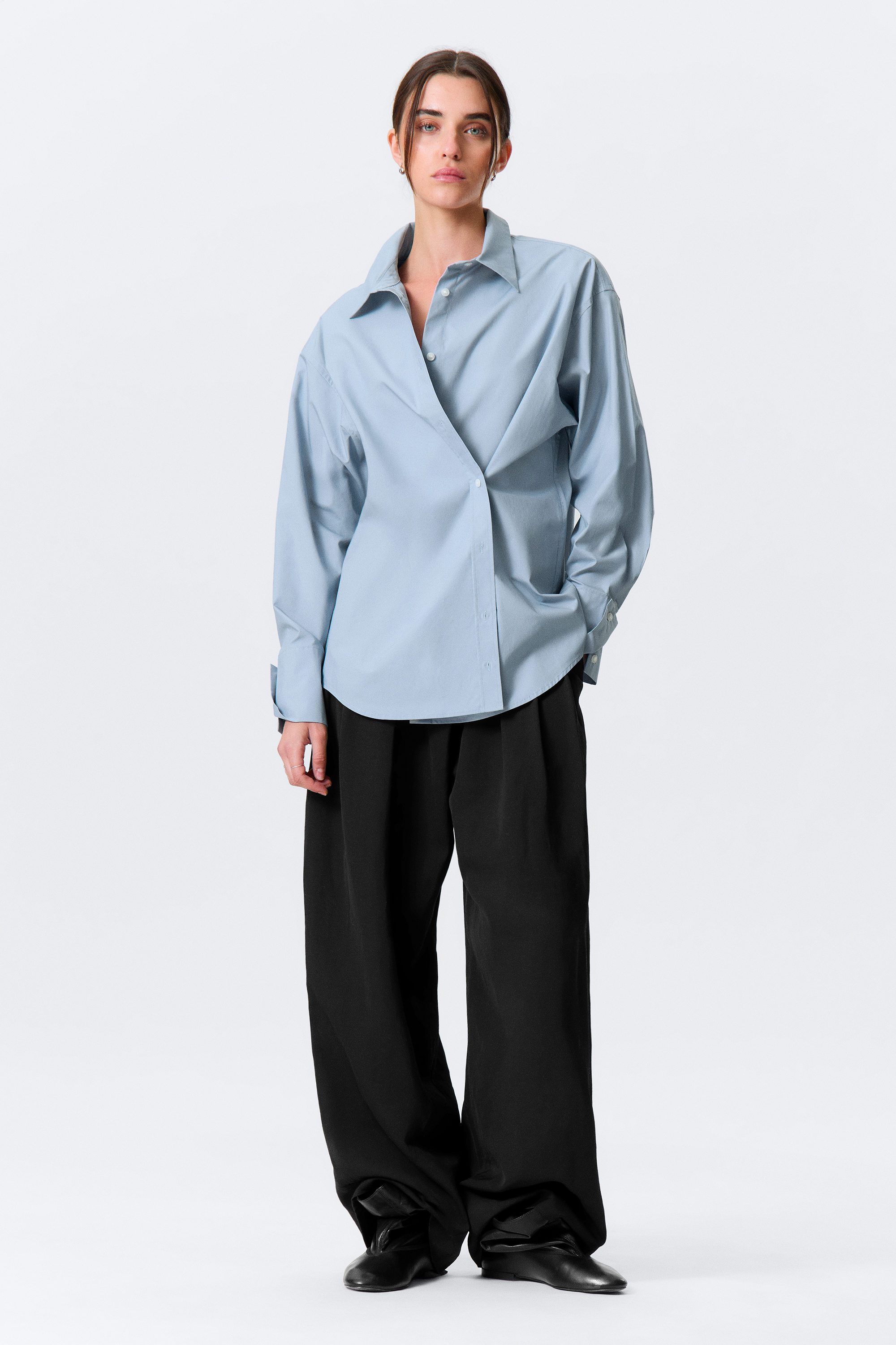 Cross-Buttoned Long-Sleeved Cotton Shirt