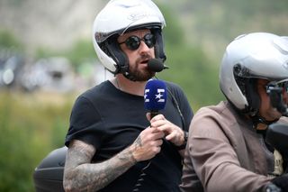 British former cyclist Sir Bradley Wiggins comments the race on a moto during stage 17 of the 106th edition of the Tour de France cycling race from Pont du Gard to Gap 200 km France Wednesday 24 July 2019 This years Tour de France starts in Brussels and takes place from July 6th to July 28th BELGA PHOTO YORICK JANSENS Photo credit should read YORICK JANSENSAFP via Getty Images