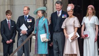 James, Earl of Wessex with Prince Edward, Princess Anne, Vice Admiral Sir Timothy Laurence, Duchess Sophie and Lady Louise Windsor leave St Pauls Cathedral
