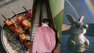 AI generated images of skewers, man in subway and bunny with sunglasses
