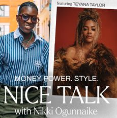 Marie Claire promotional graphic for 'Nice Talk with Nikki Ogunnaike.' On the left, Nikki Ogunnaike walks down a city street wearing a striped shirt, layered necklaces, and sunglasses. On the right, a Polaroid-style photo features Teyana Taylor in a glamorous fur coat against a red background. Text reads: 'Money. Power. Style. Nice Talk with Nikki Ogunnaike featuring Teyana Taylor.