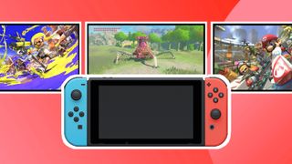 A product shot of the Nintendo Switch with various game screenshots against a colourful background
