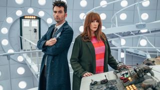 The 14th Doctor (David Tennant) and Donna Noble (Catherine Tate) inside the newly-revamped TARDIS in the Doctor Who 60th anniversary specials