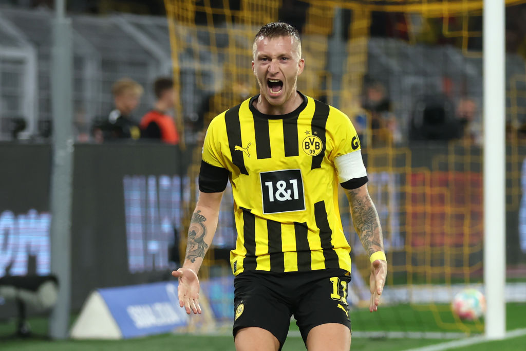 Marco Reus of Borussia Dortmund celebrates their team's first goal during the Bundesliga match between Borussia Dortmund and TSG Hoffenheim at Signal Iduna Park on September 02, 2022 in Dortmund, Germany.