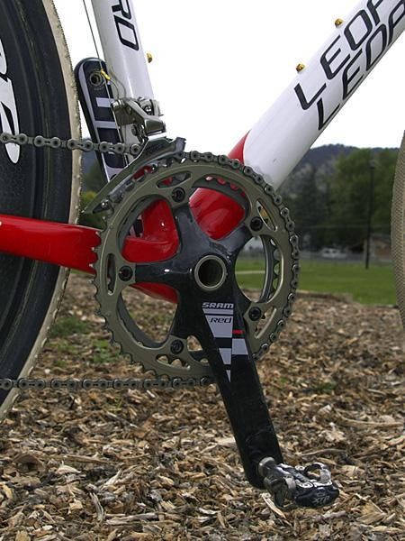 The SRAM Red crankset is fitted with 'cross-appropriate gearing.