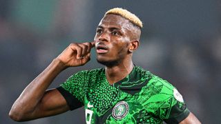 Nigeria's forward #9 Victor Osimhen celebrates prior to the Nigeria vs South Africa AFCON semi-final 