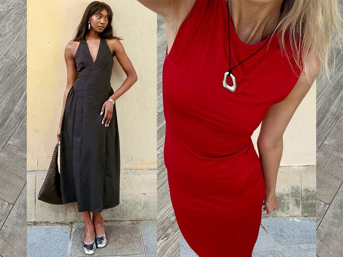fashion collage featuring two style influencers Emmanuelle Koffi and Chloe Butler wearing chic dresses including a black halter dress and a tight sleeveless red maxi dress