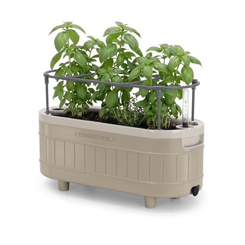 Permasteel Herb Garden Planter With Trellis Support, Self-Watering System With Water Level Indicator, Fits Multiple Herb Plants, for Basil, Flowers, Succulents, Indoor &amp;amp; Outdoor, Taupe