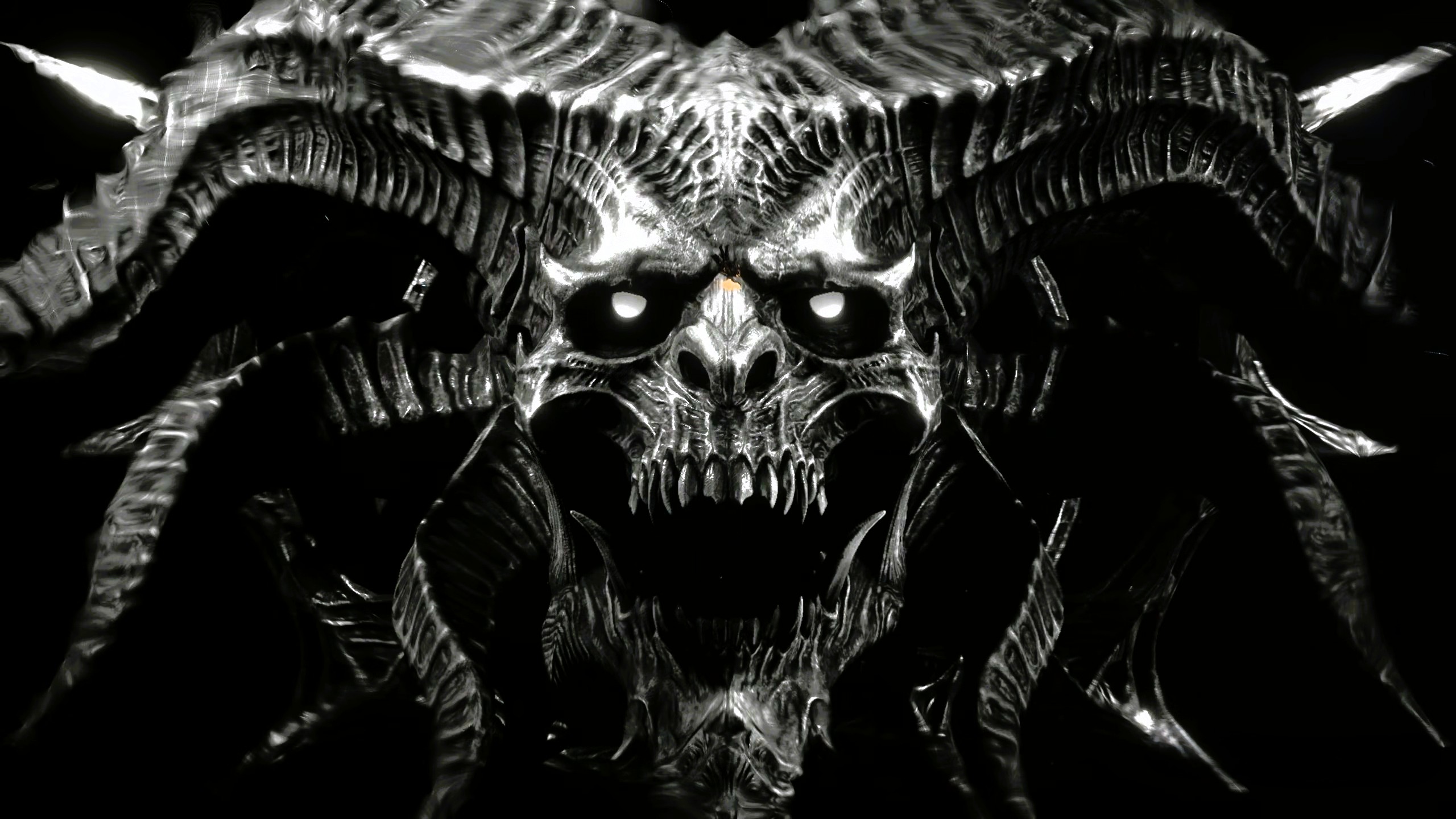 A demonic, skeletal face with glowing eyes and large, twisted horns emerges from the darkness