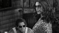 Lucia and Jason in sunglasses, and also in moody black and white