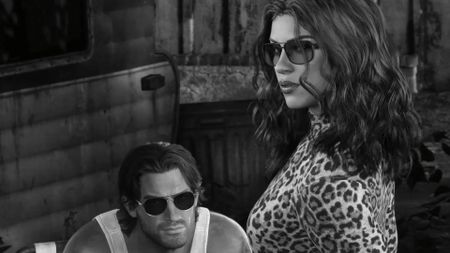 Lucia and Jason in sunglasses, and also in moody black and white
