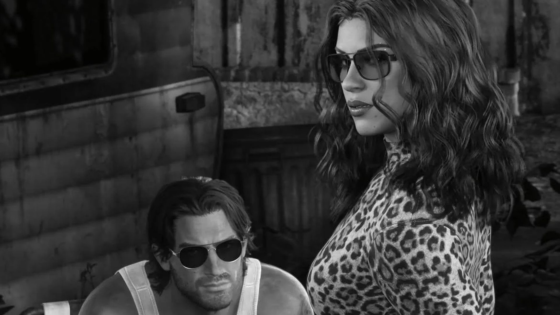 Lucia and Jason in sunglasses, and also in moody black and white