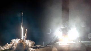 a split-screen view of a rocket launch and a first stage landing, both at night