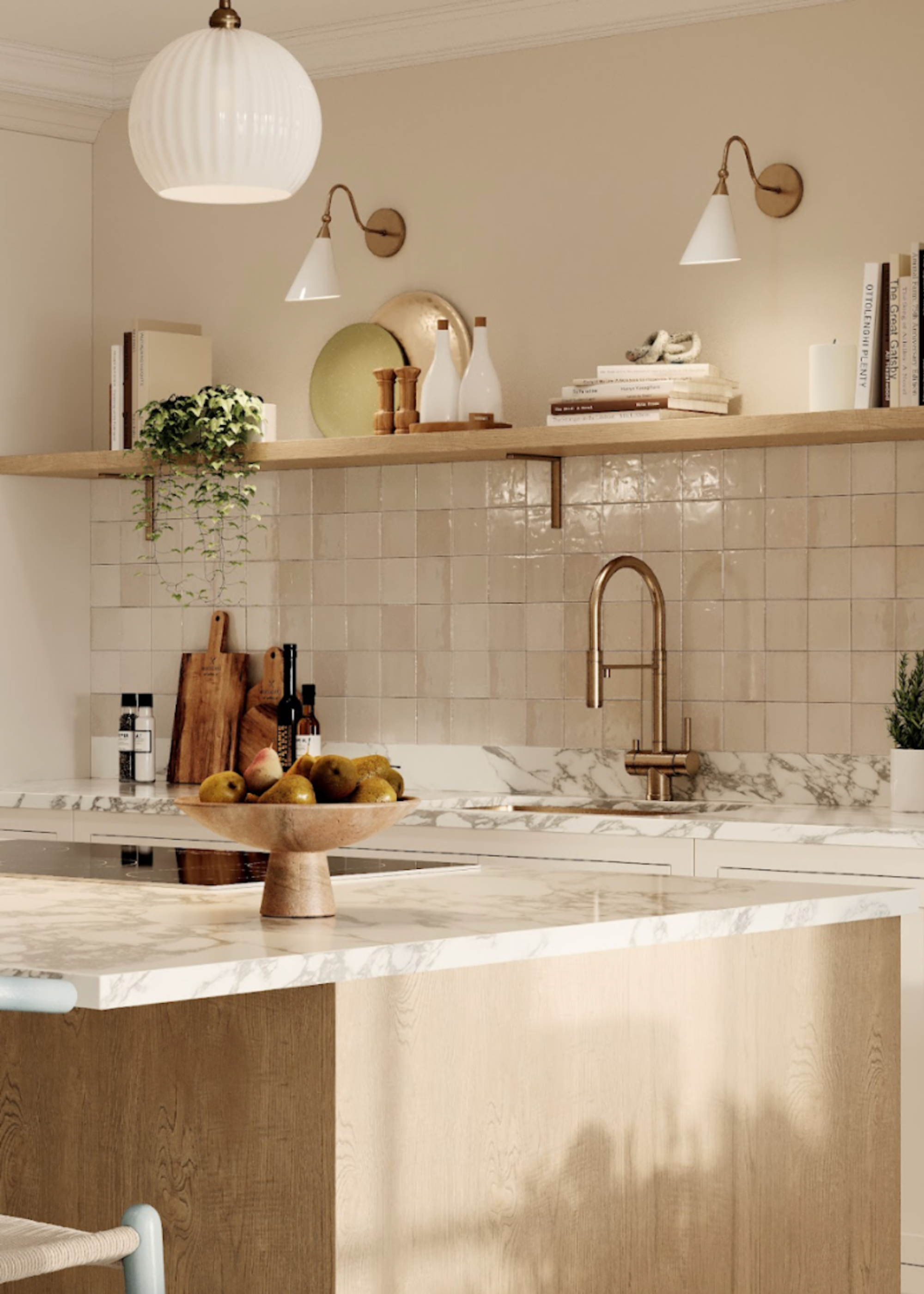 An off-white kitchen featuring wooden cabinets and open shelves styled with plants and accessories, and white wall lamp above and glossy wall tiles as the backsplash