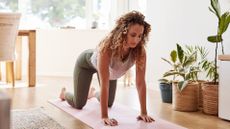 A woman is on all-four on a yoga mat, with her hands and knees on the ground. Her eyes are shut. Behind her we see a dining table and chair. To her side are three leafy plants.