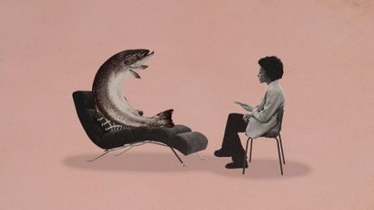 Photo collage of a salmon in a psychiatrist's office