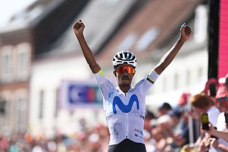 CASSEL, FRANCE - MAY 23: Natnael Tesfatsion of Eritrea and Team Movistar celebrates at finish line as stage winner during the 70th 4 Jours de Dunkerque 2026, Stage 4 a 167.2km stage from Bergues to Cassel on May 23, 2026 in Cassel, France. (Photo by Luc Claessen/Getty Images)