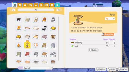 A selection of crafting recipes from the building screen in Pokemon Pokopia