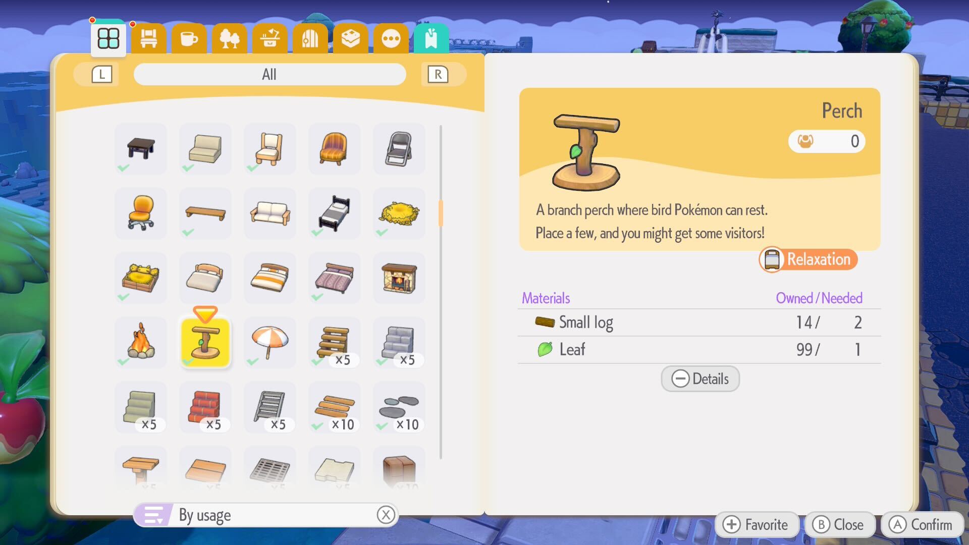 A selection of crafting recipes from the building screen in Pokemon Pokopia