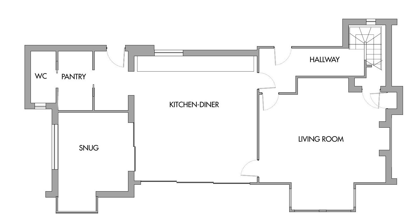 A floor plan of a ground floor layout featuring a kitchen diner, living room, snug, pantry, WC, and hallway.