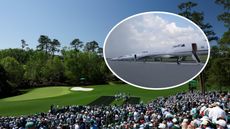 The 11th hole at Augusta National and an inset of private jets at Augusta airport