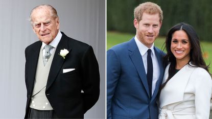A composite of a picture of Prince Philip and a picture of Prince Harry and Meghan