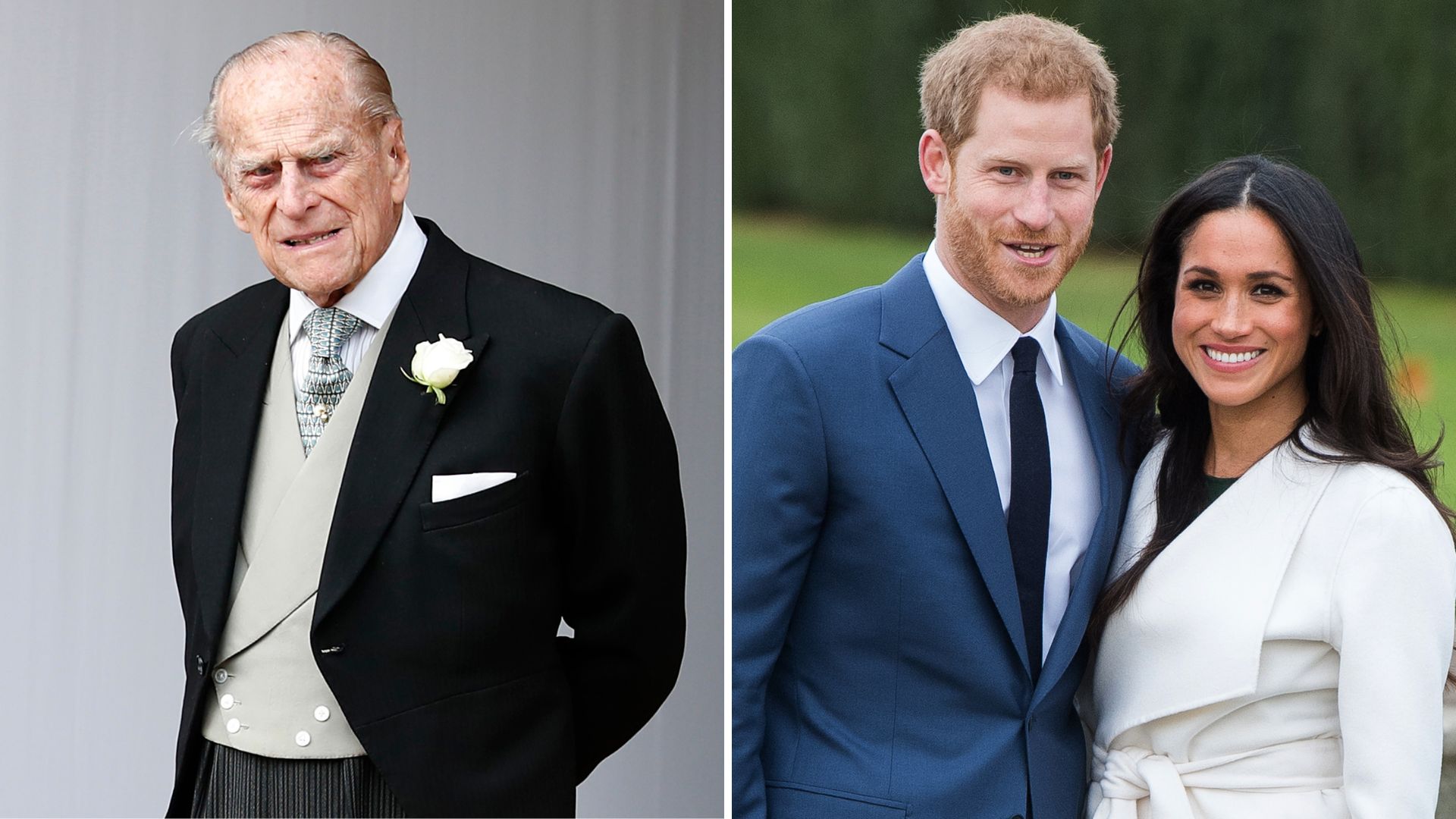 A composite of a picture of Prince Philip and a picture of Prince Harry and Meghan