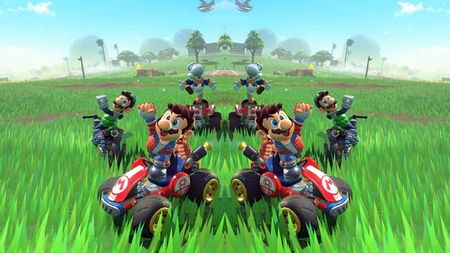 A mirror image of racers in Mario Kart World