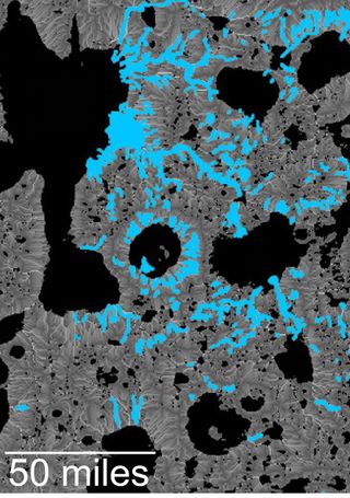 This map of an area within the Arabia Terra region on Mars shows where hydrologic modeling predicts locations of depressions that would have been lakes (black), overlaid with a map of the preserved valleys (blue lines, with width exaggerated for recognition) that would have been streams.