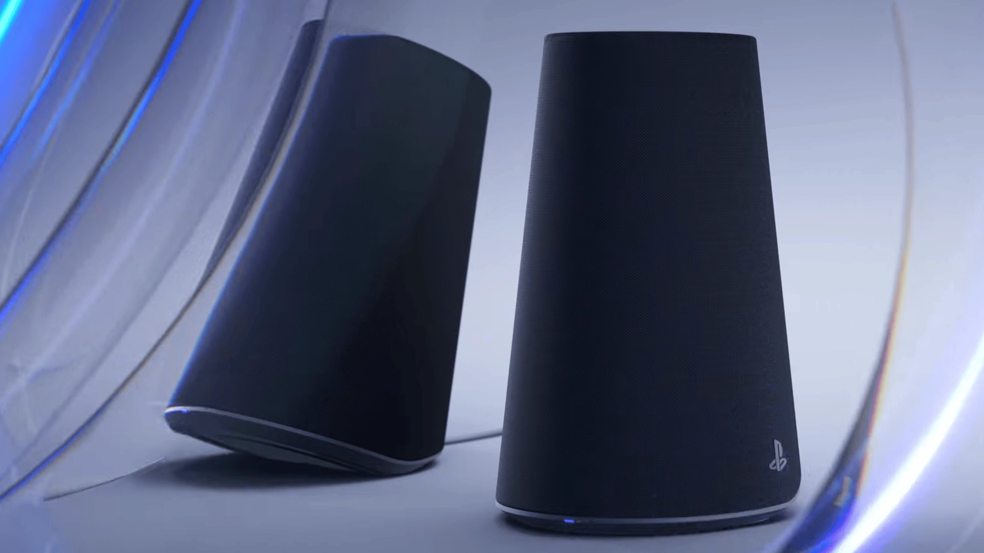 Sony Pulse Elevate speakers in black against a swirly blue background