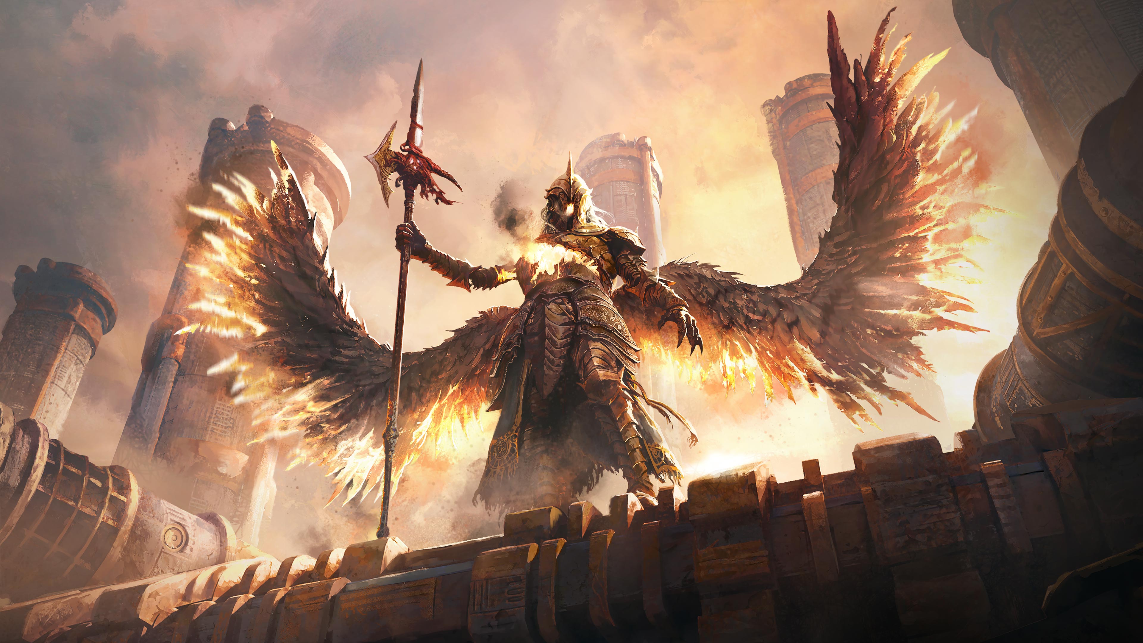 Promotional art for Path of Exile 2's Return of the Ancients expansion. A winged person holding a halberd stands atop fortress walls with the glare of the sun at their back.