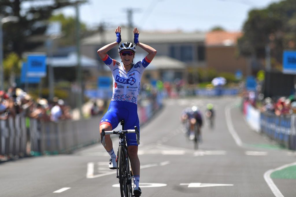 Brodie Chapman (FDJ Nouvelle-Aquitaine Futuroscope) celebrates winning the 2020 Race Torquay