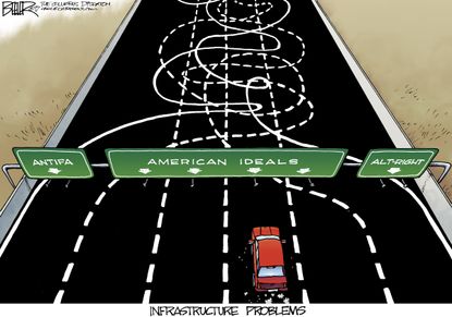 Political cartoon U.S. Trump alt-right Antifa Charlottesville infrastructure