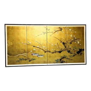 Japanese vintage Byobu folding screen with four panels and gold leaf