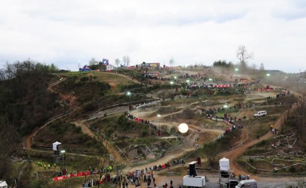 The trail on the left side is a very steep section of the cross country course. Many riders have crashed on this descent.