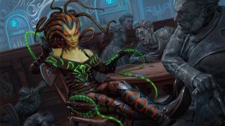 Vraska art from MTG Outaws of Thunder Junction. She sits at a table with a whip in her hand. The people around her have been turned to stone.