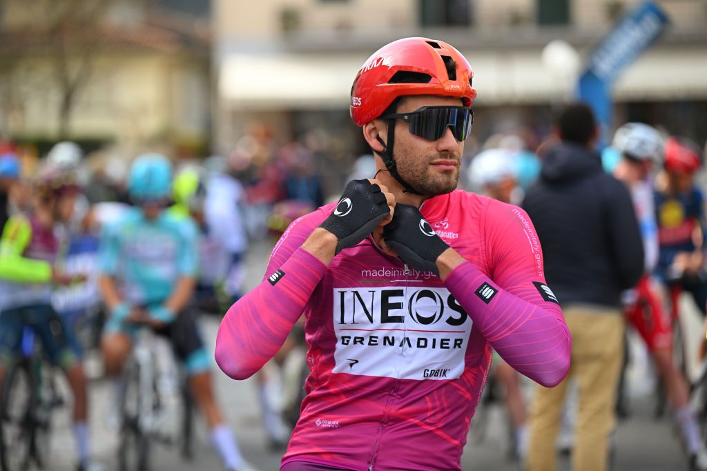 CAMAIORE ITALY MARCH 05 Filippo Gana of Italy and Team INEOS Grenadiers Purple Sprint Jersey prior to the 59th TirrenoAdriatico 2024 Stage 2 a 198km stage from Camaiore to Follonica UCIWT on March 05 2024 in Follonica Italy Photo by Tim de WaeleGetty Images