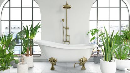 bathroom with white tub and houseplants