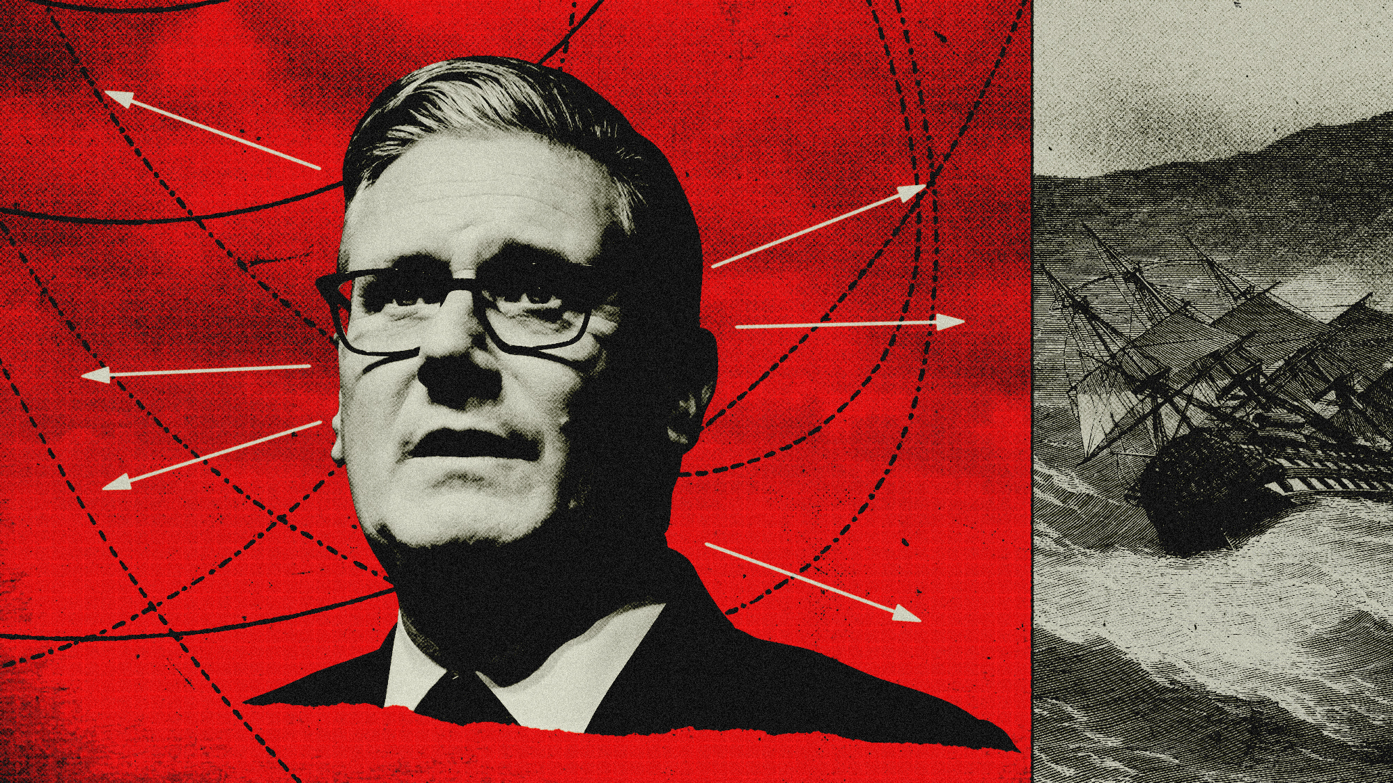 Photo composite illustration of Keir Starmer, a ship on rough seas and compass lines