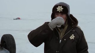 Police chief Marge drinks coffee in snowy Minnesota in Fargo