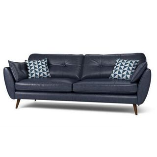 Zinc Leather Sofa in dark blue leather with two leather bolster cushions and two co-ordinating fabric scatter cushions in a geometric print