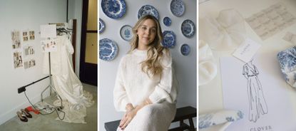 a composite of clover london founder ally voss and scenes from her studio