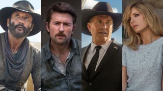 From left to right: Tim McGraw in 1883, Brandon Sklenar in 1923, Kevin Costner in Yellowstone and Kelly Reilly in Yellowstone.