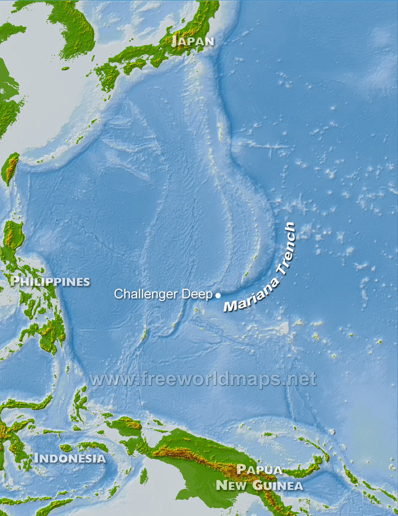 A map showing the location of the Mariana Trench. It is south of Japan, east of Philippines, and north of Papua New Guinea.