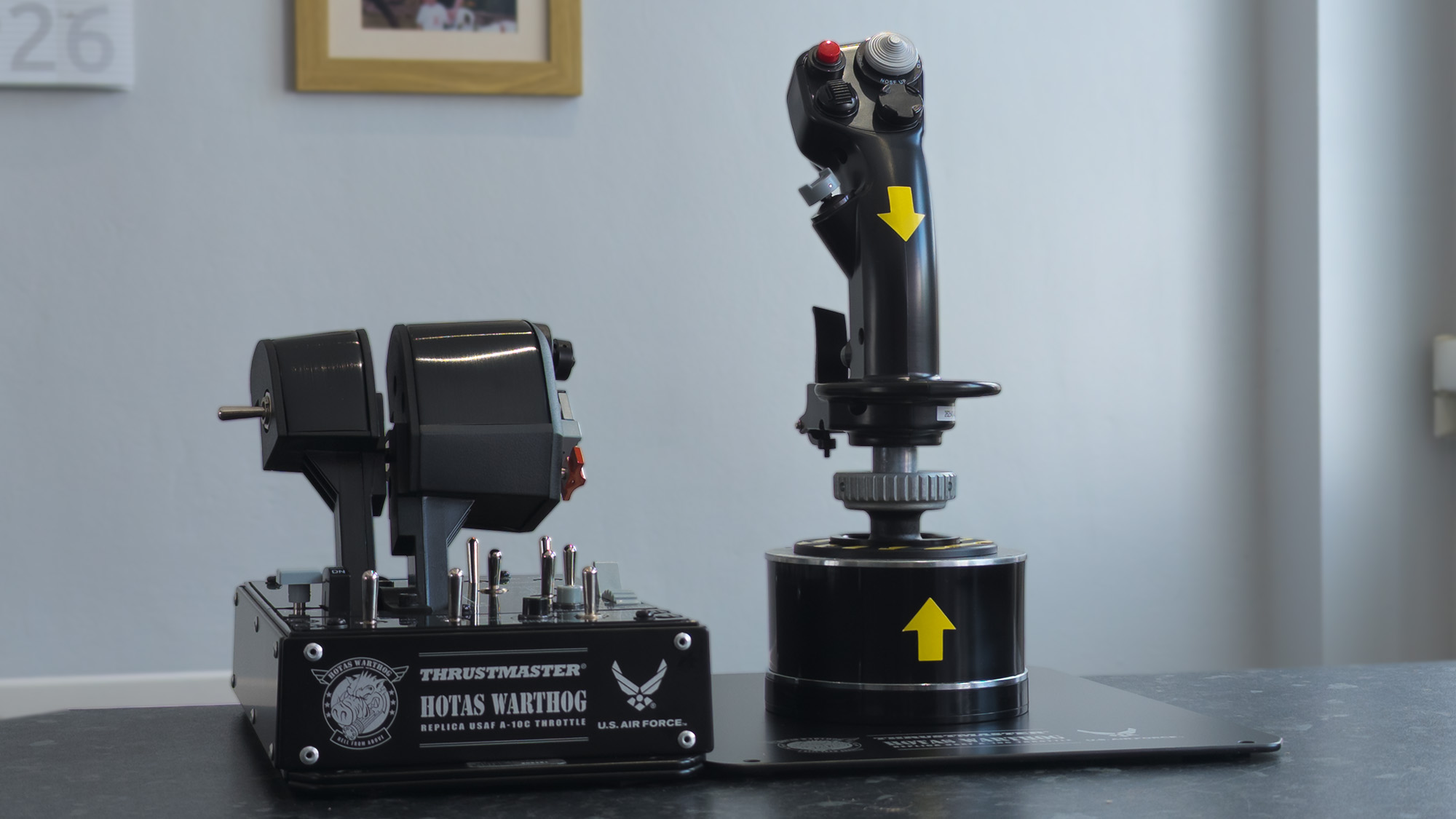 Thrustmaster HOTAS WARTHOG MK II throttle base and flight stick on a marble surface