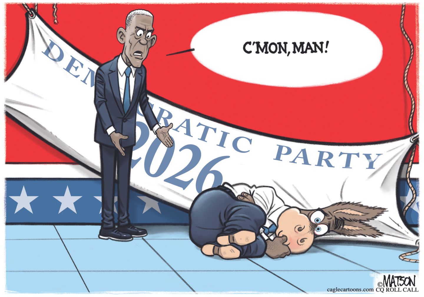
                                This cartoon depicts a donkey laying on the ground in a fetal position and sucking its thumb. There’s a banner behind the donkey that says “Democratic Party 2026” that looks limp and has partially fallen off the wall. Barack Obama stands next to the donkey with a pleading look on his face and says, “C’mon, man!”
                            
